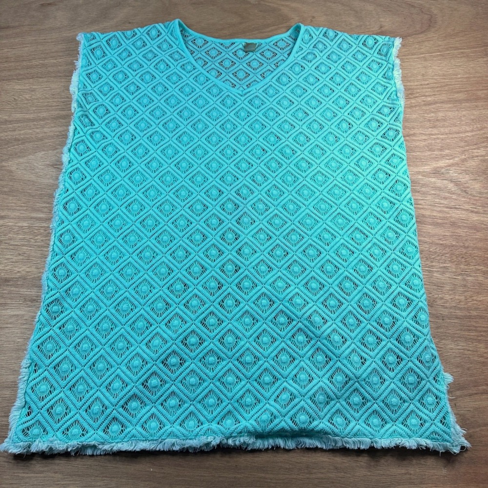 Teal Sheer Crochet Lace Cover Up Tunic Top Small Fringe Beach Boho